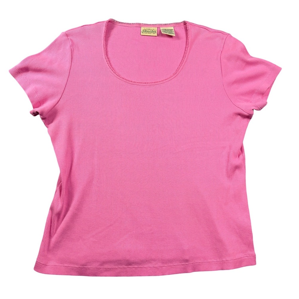 Y2K St Johns Bay Womens Pink Ribbed Cotton Scoop Neck Short Sleeve T-Shirt Large